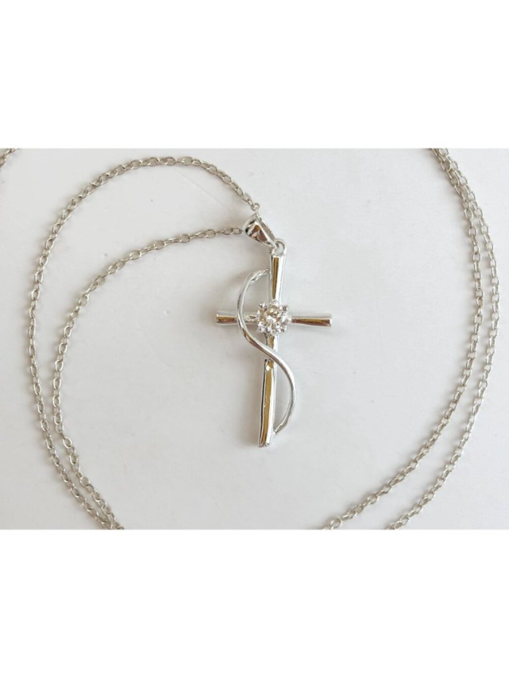 Modernist Cubic Zirconia Cross Sterling Silver 925 Vintage Pendant Necklace 16" - Picture 9 of 14